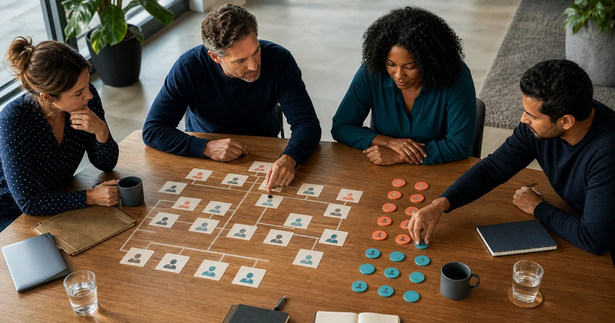 Four colleagues plan access across an abstract organisation map using profile cards and two colours of seat markers.