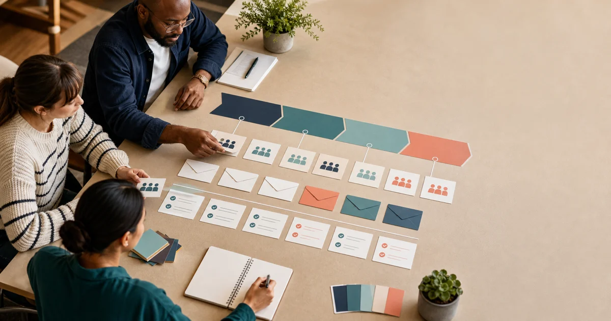 Three colleagues arrange abstract team cards, invitation envelopes and coloured stages into a phased organisation assessment plan.