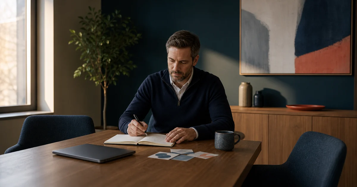 A manager sits alone in a quiet meeting room, using a notebook and abstract prompt cards to prepare for a difficult conversation.