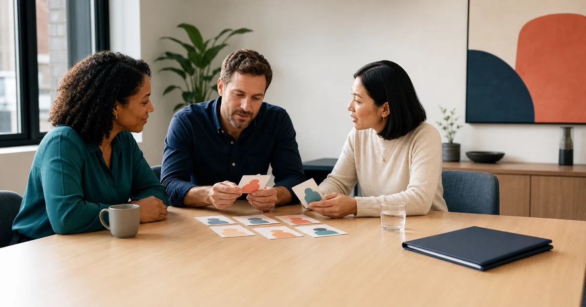 Three colleagues use abstract colour-coded profile cards in a practical team conversation, with a closed report folder beside them.